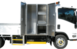 4- headboard mounted checkerplate toolbox with two swing open doors, internal separate cabinets and internal drawers